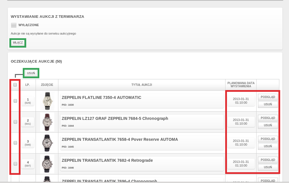 Terminarz Terminarz służy do wystawiania aukcji w wyznaczonym czasie w przyszłości.