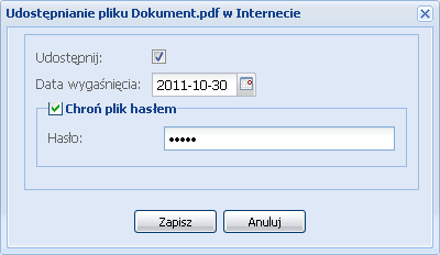 Udostępnianie plików na zewnątrz Aby udostępnid plik w sieci Internet należy wybrany plik kliknąd prawym przyciskiem myszy i z menu kontekstowego wybrad Udostępnij na zewnątrz.