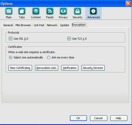 Rozdział 9 Konfiguracja przeglądarki Netscape 9.0.0.6 Konfiguracja protokołów SSL. W opcji Advanced w sekcji Encryption i zaznaczyć parametry: Use SSL 3.0, Use TLS 1.