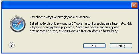 Rozdział 21 Konfiguracja przeglądarki Safari 5.1.7 Otworzy się nowe okno, na którym należy potwierdzić włączenie przeglądania w trybie prywatnym poprzez wybór przycisku [OK].