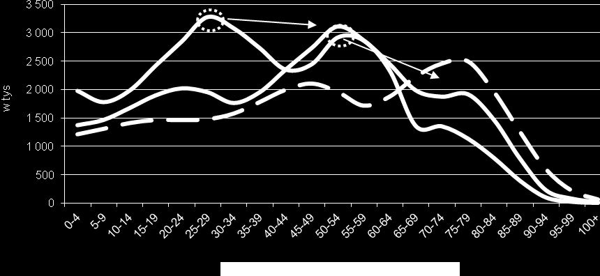 Na Wykresie 3 przedstawiono, jak zmieni się struktura wieku w Polsce do 2035 r. Osoby z wyżu demograficznego z lat 50. w znacznej mierze zasilą grupę 75+, natomiast osoby z wyżu z lat 80.