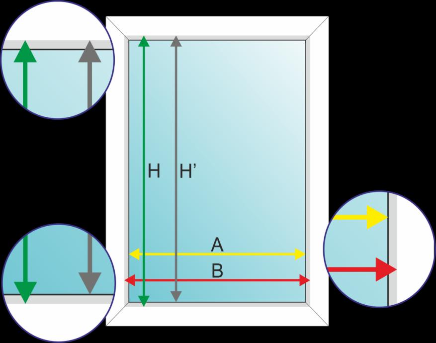 Pomiar dla rolet dzień-noc Pomiar dla rolety w kasetce Pomiar dla rolety wolnowiszącej Wysokość H: Pomiar szyby z listwami Wysokość H : Pomiar szyby od góry z listwą do uszczelki u dołu Szerokość A: