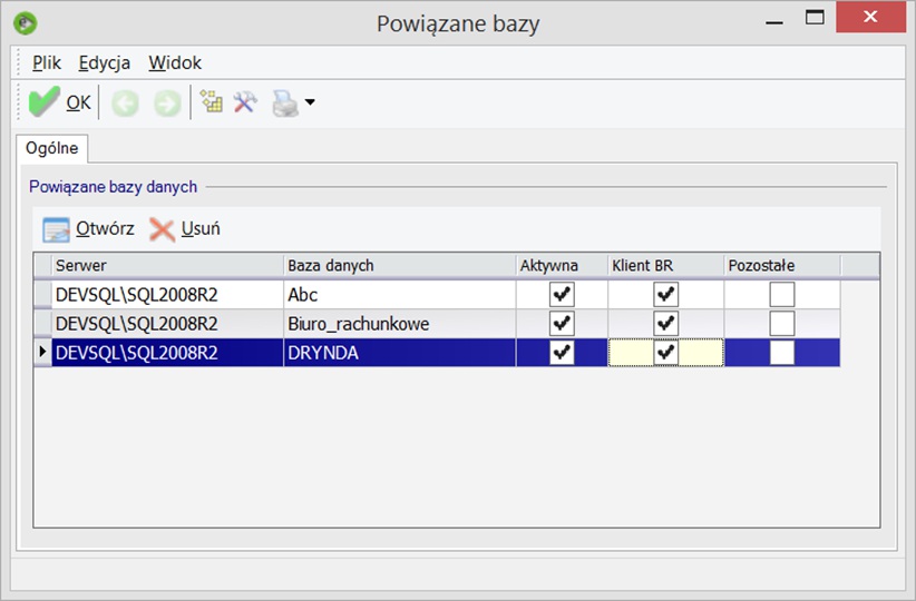 W oknie licencji należy podświetlić licencję posiadającą aktywny moduł Pulpit klienta BR i nacisnąć przycisk Powiązane bazy.