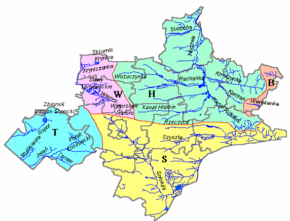 Mapa nr 6 źródło: Strategia rozwoju powiatu tomaszowskiego LEGENDA Zlewnie rzek: - (T) Tanew - (W) Wieprz - (S) Sołokija - (H) Huczwa - (B) Bug W granicach powiatu znajduje się 148.