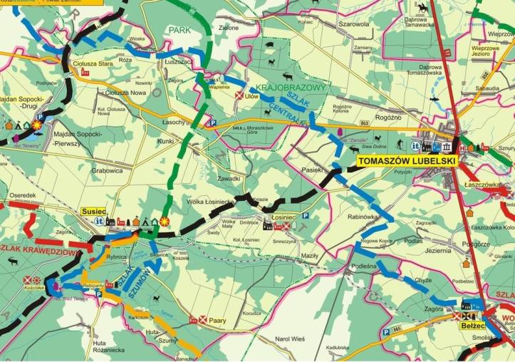 obóz zagłady dla Cyganów i Żydów w Bełżcu, wraz z monumentalnym mauzoleum - muzeum poświęconym pamięci ofiar nazizmu drewnianą cerkiew greckokatolicką z XVIII wieku, kościół parafialny z 1912 roku