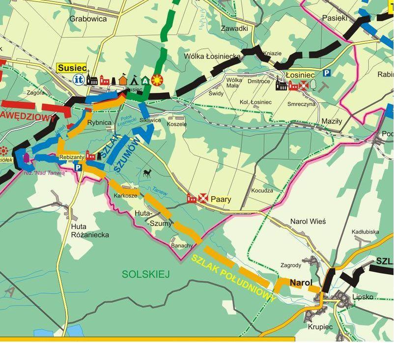 SZLAK POŁUDNIOWY (żółty); SUSIEC stacja PKP - wodospad na rzece Jeleń - wodospady na Tanwi w Rebizantach - Huta Szumy-NAROL Szlak oznaczony kolorem żółtym o długości 17 km, w tym 7 km na terenie