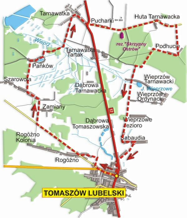 park, który wraz z znajdującym się na jego terenie domem administratora oraz kilkoma budynkami gospodarczymi są jedyną pozostałością po zespole dworskim w Tarnawatce Trasa kończy swój bieg w
