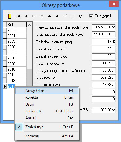 Przygotowanie modułu do pracy w nowym roku 5 wpisujemy nowy rok 20xx i uzupełniamy wartości po prawej.