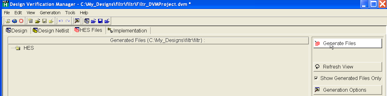 Rys. 10 Implementacja Po wybraniu modułów projektu do implementacji pojawiają się nam kolejne zakładki w głównym oknie DVM w szczególności zakładka HES Files i tam