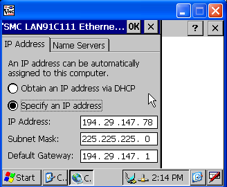 Rys 1. Konfiguracja ustawieo sieciowych. W pole IP Adress, Subnet Mask, Default Gateway wpisujemy odpowiednie wartości jak na rysunku 1. 2.