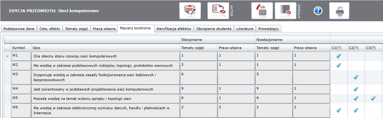 4. Wspomaganie tworzenia i edycji sylabusów Program wspomaga prawidłowe obliczanie godzin zajęć, godzin pracy własnej, sprawdza poprawność odwołania przedmiotu do efektów kierunkowych w