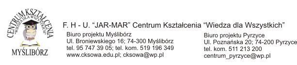 Projekt MOJA FIRMA-MÓJ KAPITAŁ współfinansowany ze środków Europejskiego Funduszu Społecznego, realizowany przez F.H.-U.