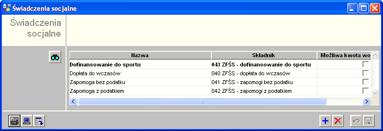 Sposób pracy z programem 4 Wykazy 2 strona 4217 Świadczenia socjalne Okno służy do prowadzenia słownika rodzajów świadczeń socjalnych świadczonych na rzecz pracowników Słownik ten jest następnie