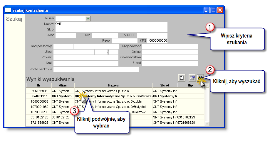 4 Sposób pracy z programem 6 Zestaw ienia 358 strona ulicy i numeru domu gminy powiatu, kraju, adresu e-mail, numeru rachunku bankowego W polach Nazwa oraz Skrót nazwy wpisany fragment nie musi być