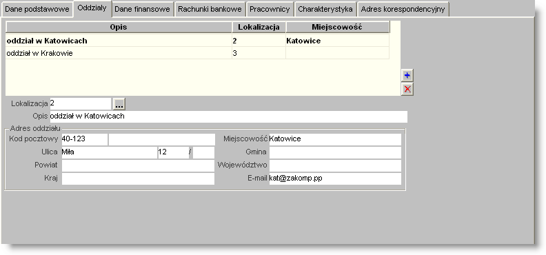 4 Sposób pracy z programem 2 Wykazy 78 strona Kontrahenci Zakładka Oddziały Dostępne operacje Wprowadzanie wykazu oddziałów kontrahenta Po wybraniu kontrahenta, wypełnić należy następujące pola: Dane