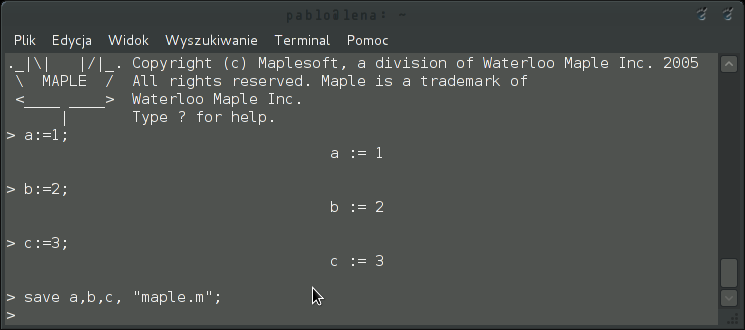 Maple i wykresy 1 Program Maple 1.1 Najpierw należy się zalogować. Jak to zrobić zostało opisane w moim poprzednim tutorialu. 1.2 Uruchomienie programu Maple Uruchamiamy go, wpisując w konsoli maple, potwierdzając klawiszem enter.