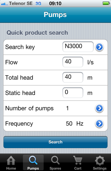Mobile - Pompy Szybkie wyszukiwanie Wyszukiwanie wg klucza Wyszukiwanie wg punktu pracy Zmiana liczby pomp