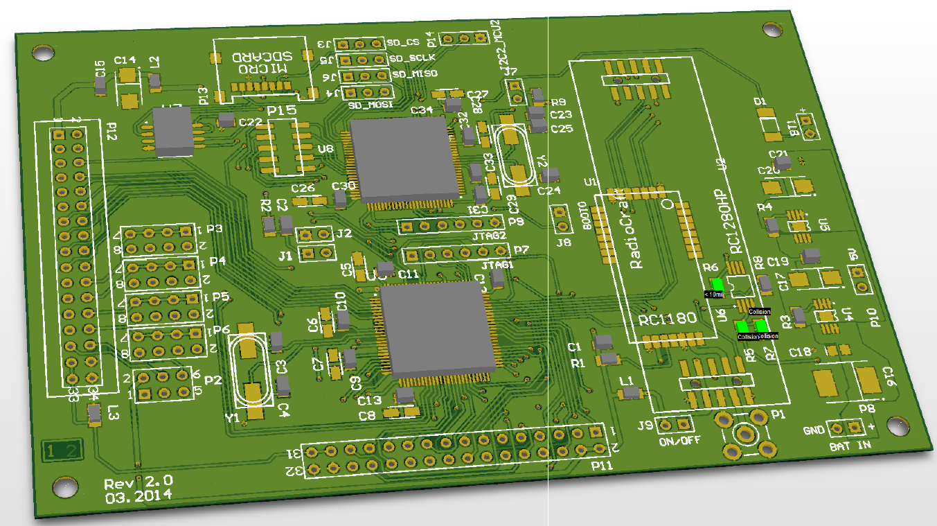 Zaprojektowany pakiet, którego widok przedstawiony jest na rys. 5, składa się z: procesora STM32F4, modułu radiowego RF1280HP, układu stabilizacji zasilania, pamięci zewnętrznej.