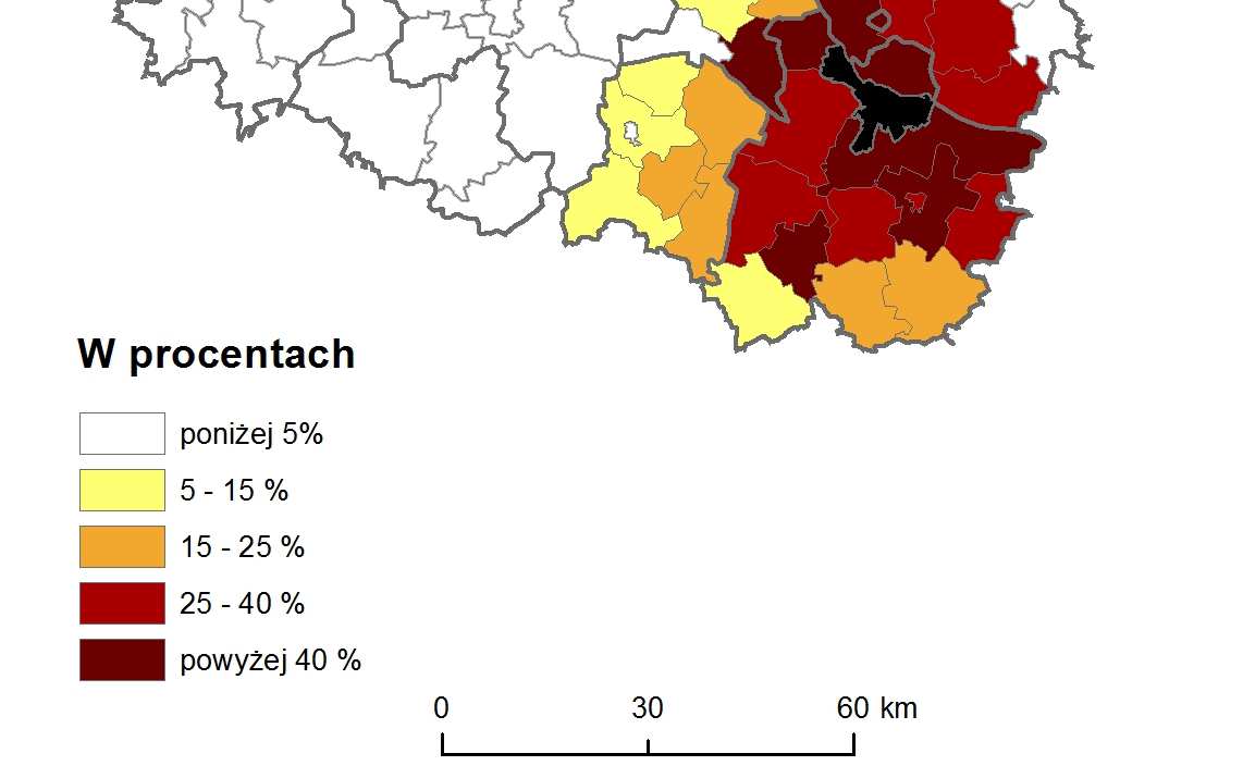 Ryc. 5.4.1. Liczba osób przyjeżdżających do pracy do Włocławka wg gmin (Źródło: opracowanie własne na podstawie danych GUS, 20