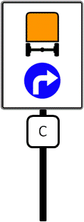 1. B 2. B/D 3. C/E 44. Poniższy znak, wyznaczający drogę alternatywną, oznacza nakaz jazdy z towarami niebezpiecznymi przewożonymi w sztukach przesyłki, dla których przypisano w kolumnie 15 tab.