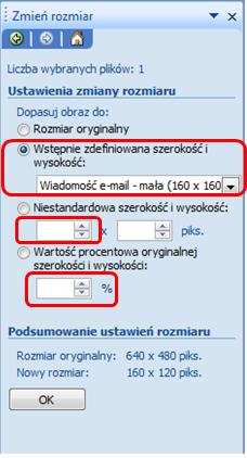 Zmień rozmiar Zdjęcia z aparatów cyfrowych mogą mieć bardzo duże rozmiary. Nam często potrzebne są zdjęcia mniejsze, które chcemy przesłać komuś pocztą lub zamieścić na stronie internetowej.