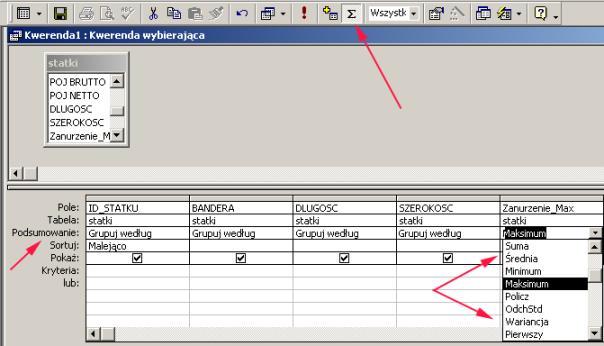 Kwerendy sumujące 1. Utwórz kwerendę w widoku projektu dla wybranej tabeli. 2.