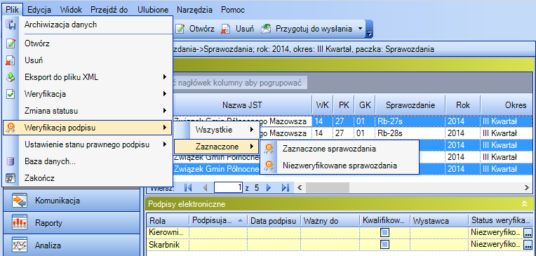 Rysunek 124. Wybór opcji Podpis elektroniczny Po weryfikacji należy sprawdzić czy złożone podpisy są formalnie zgodne (czy zostało podpisane przez upoważnione do tego osoby).