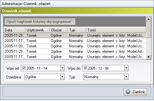 7.15. Dziennik zdarzeń Program pozwala administratorowi na podgląd akcji wykonywanych przez użytkowników programu.