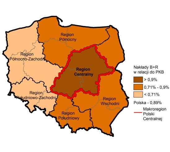W 2012 r. udział tych nakładów w PKB w regionie stanowił 1,25% (0,77% w województwie łódzkim, 1,38% w województwie mazowieckim, 0,89% w kraju).