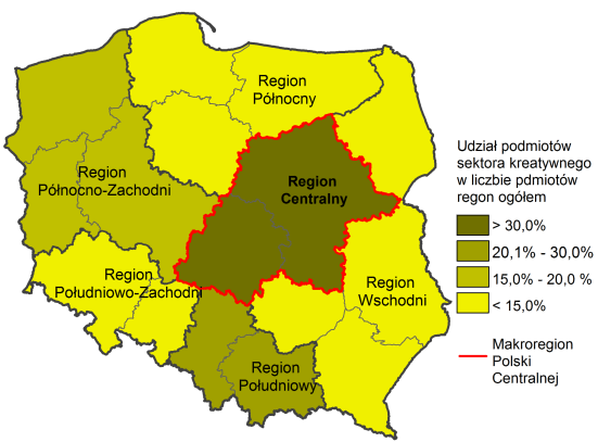 SEKTOR KREATYWNY Obszar Polski Centralnej charakteryzuje się wysoką koncentracją podmiotów działających w sektorze kreatywnym 41. W 2012 r.