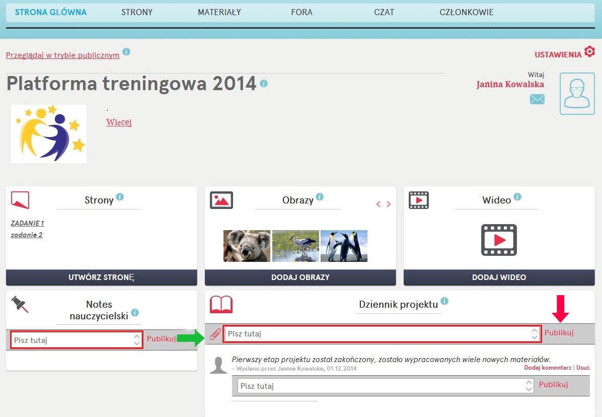 6. TWINSPACE NARZĘDZIA DO KOMUNIKACJI - DZIENNIK PROJEKTU I NOTES NAUCZYCIELSKI Zarówno dziennik projektu jak i notes nauczycielski są bardzo proste w obsłudze i znajdują się na stronie głównej