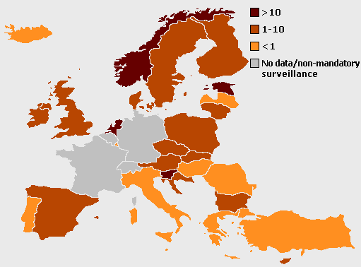Zachorowalnośd na krztusiec w UE: 20,591 przypadków, 17 % chorych było niezaszczepionych, 2009 Holandia 14,302, Norwegia 5,487, Polska 2,390; 4 zgony (2 Bułgaria, 2 UK) 2,9 3,3 3,3 3,2 3,7 4,8 4,7