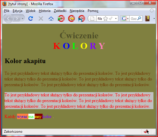 II. Kolor tekstu, kolor strony i akapitu <p style="background-color: red; color: blue;">.