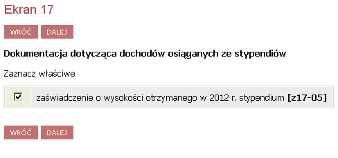 Ekran 17 Należy tutaj zaznaczyć dokumenty potwierdzające