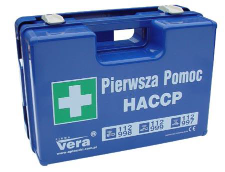 Apteczka pierwszej pomocy HACCP Opatrunek indywidualny G 2 szt. Opaska elastyczna 4 m x 6 cm 2 szt. Opaska elastyczna 4 m x 8 cm 1 szt. Chusta trójkątna 2 szt.