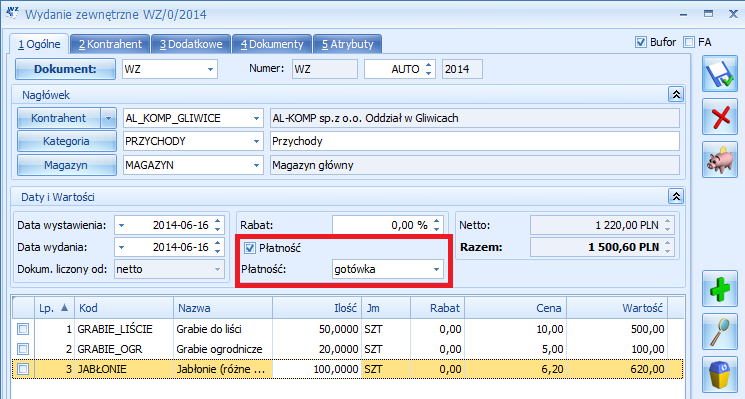 HANDEL Płatności do Wydań Zewnętrznych W programie umożliwiono przyjęcie wpłaty gotówki dla dokumentów WZ.