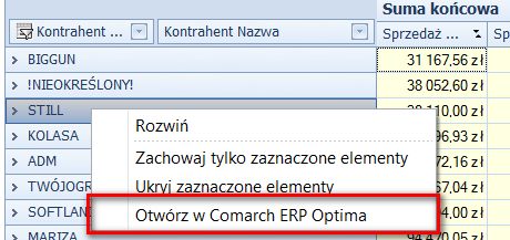 COMARCH ERP OPTIMA ANALIZY BI Umożliwiono uruchomienie w aplikacji Comarch ERP Optima Analizy BI odpowiedniego raportu, z uwzględnieniem zaznaczeń na liście (jeżeli mają zastosowanie) lub dla