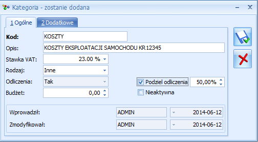 KSIĘGOWOŚĆ Rejestr VAT. 50% odliczenie VAT Na formularzu kategorii o typie kosztowym na pierwszej zakładce Ogólne wprowadzono parametr Podziel odliczenia.