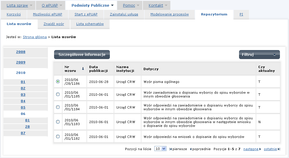 Rysunek 4. Lista wzorów publikowanych w wybranym roku Krok 2. Dla wybranego roku wybierz z listy w menu także miesiąc publikacji.