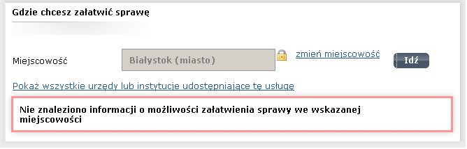 Aby wprowadzić inną nazwę miejscowości, należy nacisnąć na link zmień miejscowość (Rysunek 8), a następnie wykonać czynności opisane w krokach 6-7. Krok 9.