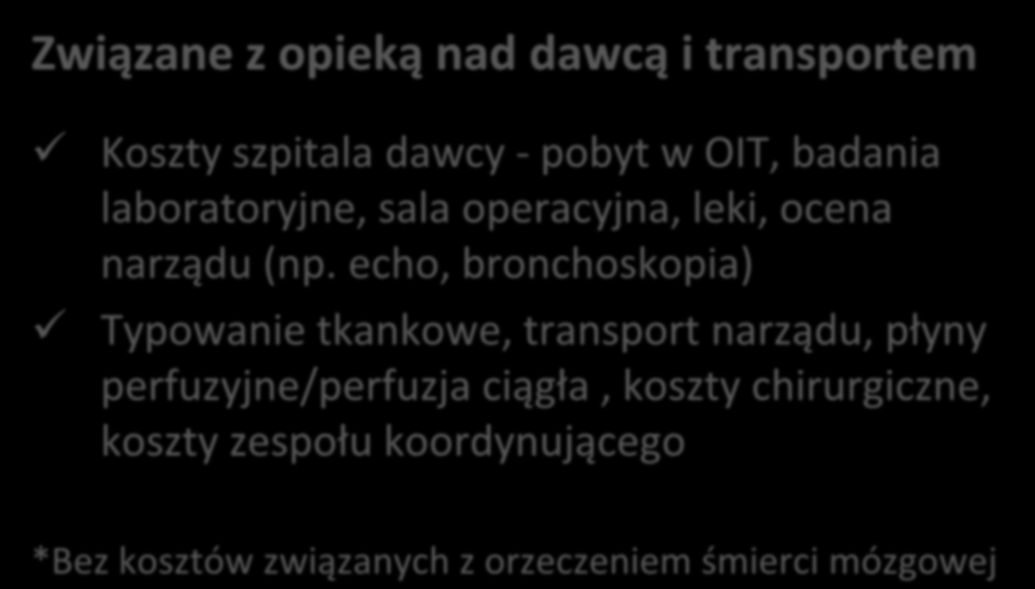 Koszty bezpośrednie (UNOS) Związane z opieką nad dawcą i transportem Koszty szpitala dawcy - pobyt w OIT, badania laboratoryjne, sala operacyjna, leki, ocena narządu (np.