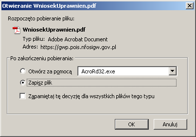 Następnie należy nacisnąd przycisk Wydrukuj wniosek. Pojawi się komunikat: UWAGA!!! Rysunek 5. Okno dialogowe zapisywania wniosku o nadanie uprawnieo.