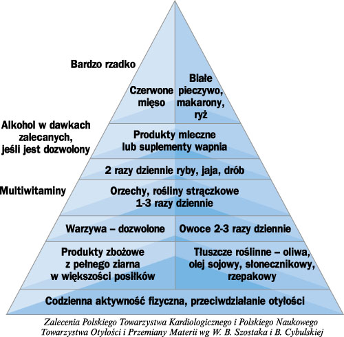 Piramida Zdrowego Żywienia Czerwone mięso, masło/biały ryż, białe pieczywo, słodycze; bardzo rzadko. Produkty mleczne oraz suplementy wapnia; 1-2 razy dziennie. Ryby, jaja lub drób; 0-2 razy dziennie.