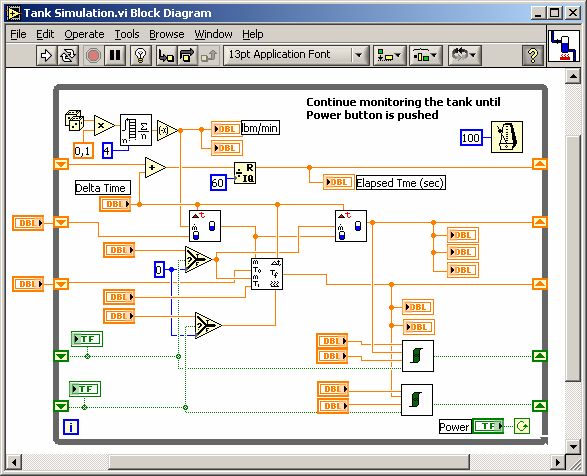 Diagram blokowy przepływ danych Przepływ danych zobrazujemy na przykładzie Tank Simulation.vi (znaleźć w NI Example Finder) Elementy umieszczone na diagramie blokowym, często nazywamy węzłami (Nodes).