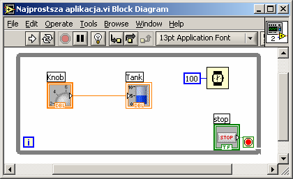 Prosta aplikacja Praktycznie każda poważna aplikacja powinna pracować w pętli While Loop. Pętla powinna zawierać warunek STOP (zatrzymania pętli) w najprostszym przypadku kontrolkę STOP.