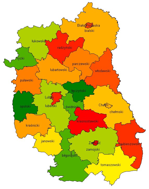 Mapa : Rozkład geograficzny zachorowalności na nowotwory