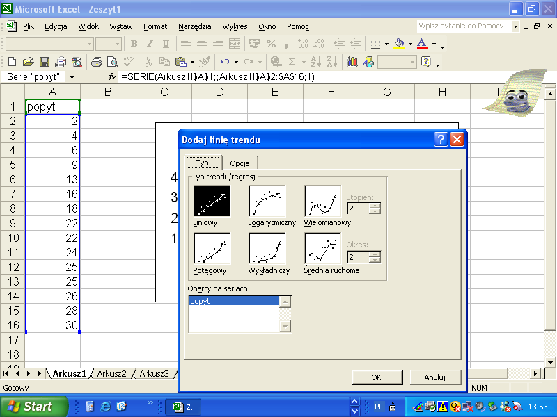 51 Rs. 4.2.1a. Dodawanie linii trendu do liniowego wkresu danch Źródło: Microsoft Excel 2003-2007. Po wbraniu linii trendu powinniśm zobaczć okienko dialogowe, jak na rs. 4.2.1b.