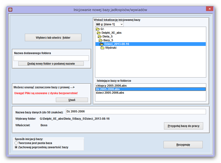 Kolejną czynnością jest wybranie lokalizacji inicjowanej bazy. Jeśli folder już istnieje wskazujemy ten folder klikając dwukrotnie tak, by była widoczna jego zawartość.