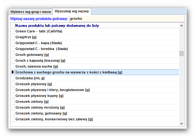 b) Wpisując nazwę produktu lub potrawy po uprzednim naciśnięciu przycisku Wyszukaj wg nazwy.