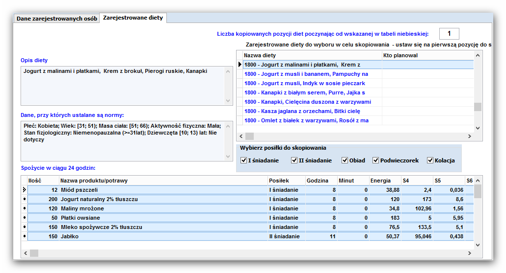 Po otwarciu następnego wybrana (domyślna) zakładka Dane zarejestrowanych osób lub zmieniamy na Zarejestrowane diety: Pozycje pojadania eliminowane są automatycznie.